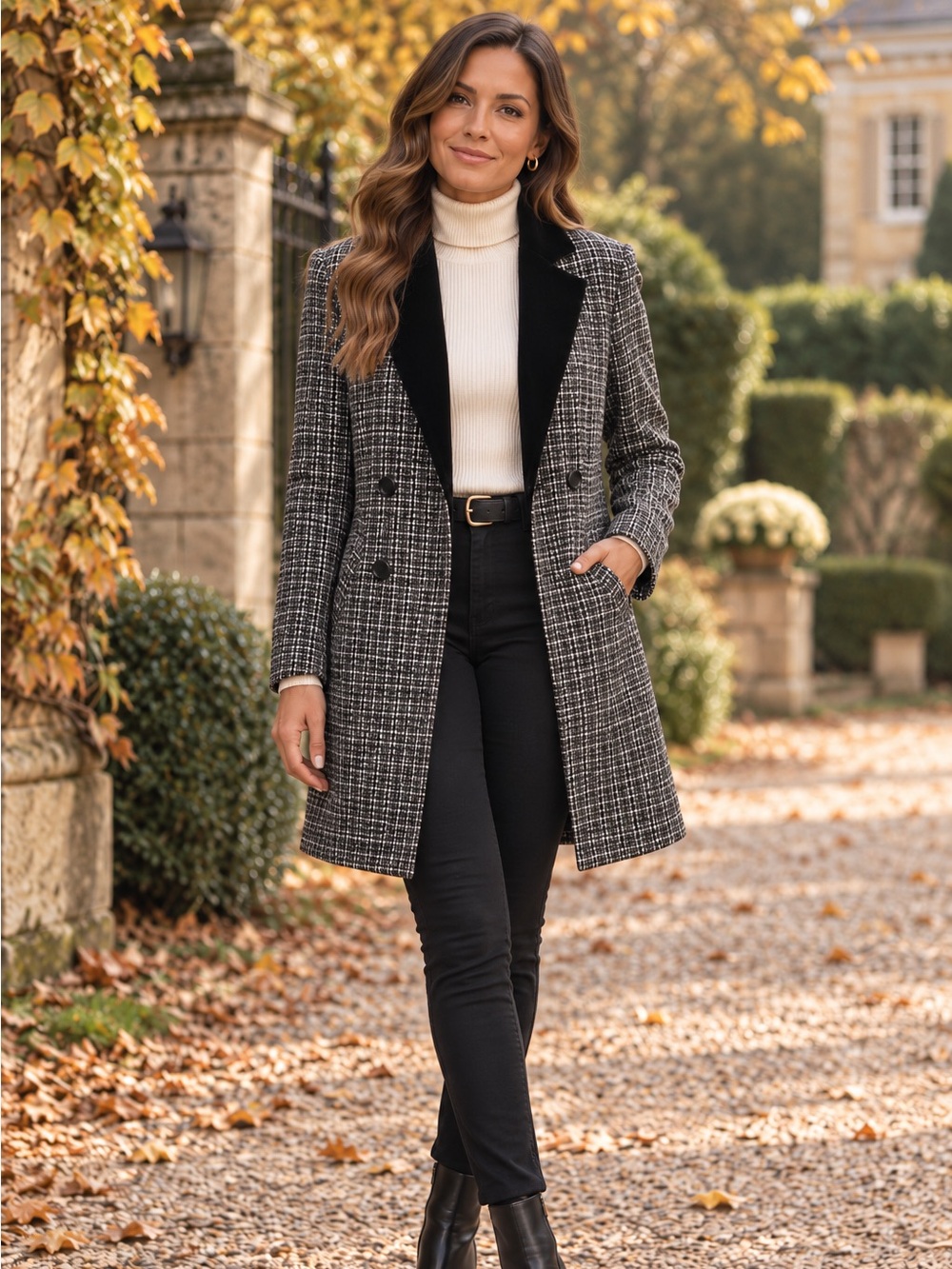 Black White Tweed Longline Blazer Velvet Lapel Double Breasted